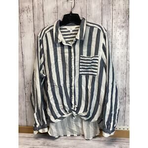 Time and Tru Blue and White Striped Long Sleeve Button Down Top